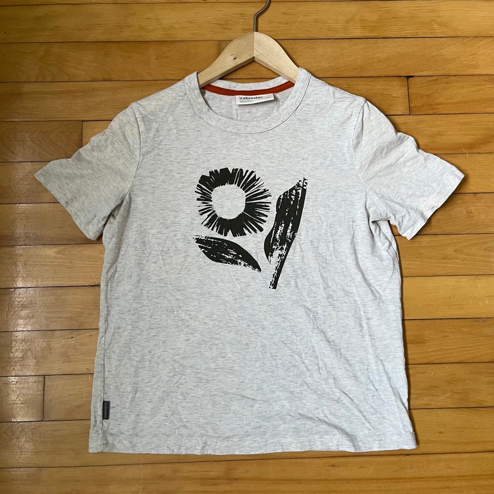 Icebreaker Womens Gray Heather Merino Wool Blend Graphic T-Shirt Small Floral